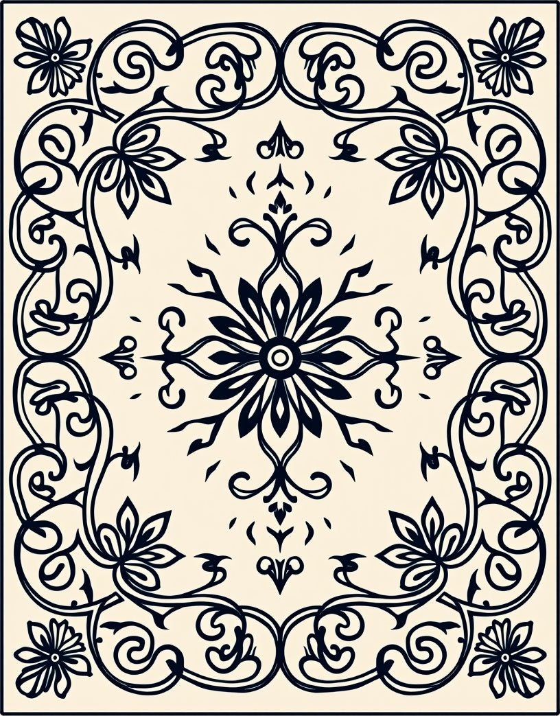 Ornate Cream and Navy Floral Frame Rug
