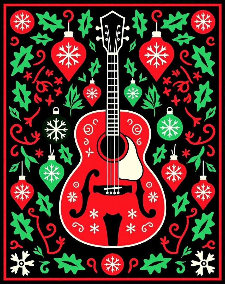 Holiday Red Guitar Snowflake Ornaments Rug