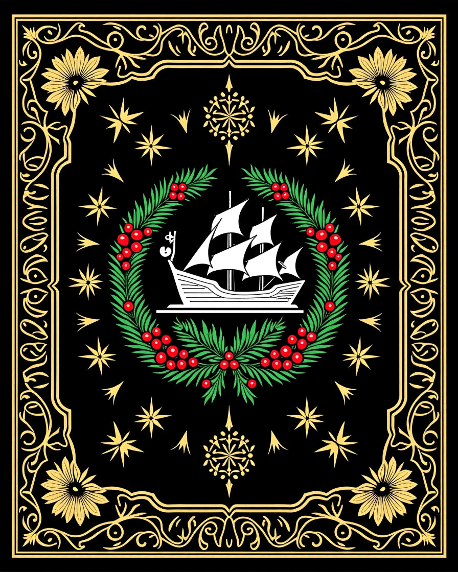 Nautical Black Gold Floral Ship Wreath Rug