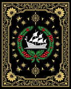 Nautical Black Gold Floral Ship Wreath Rug