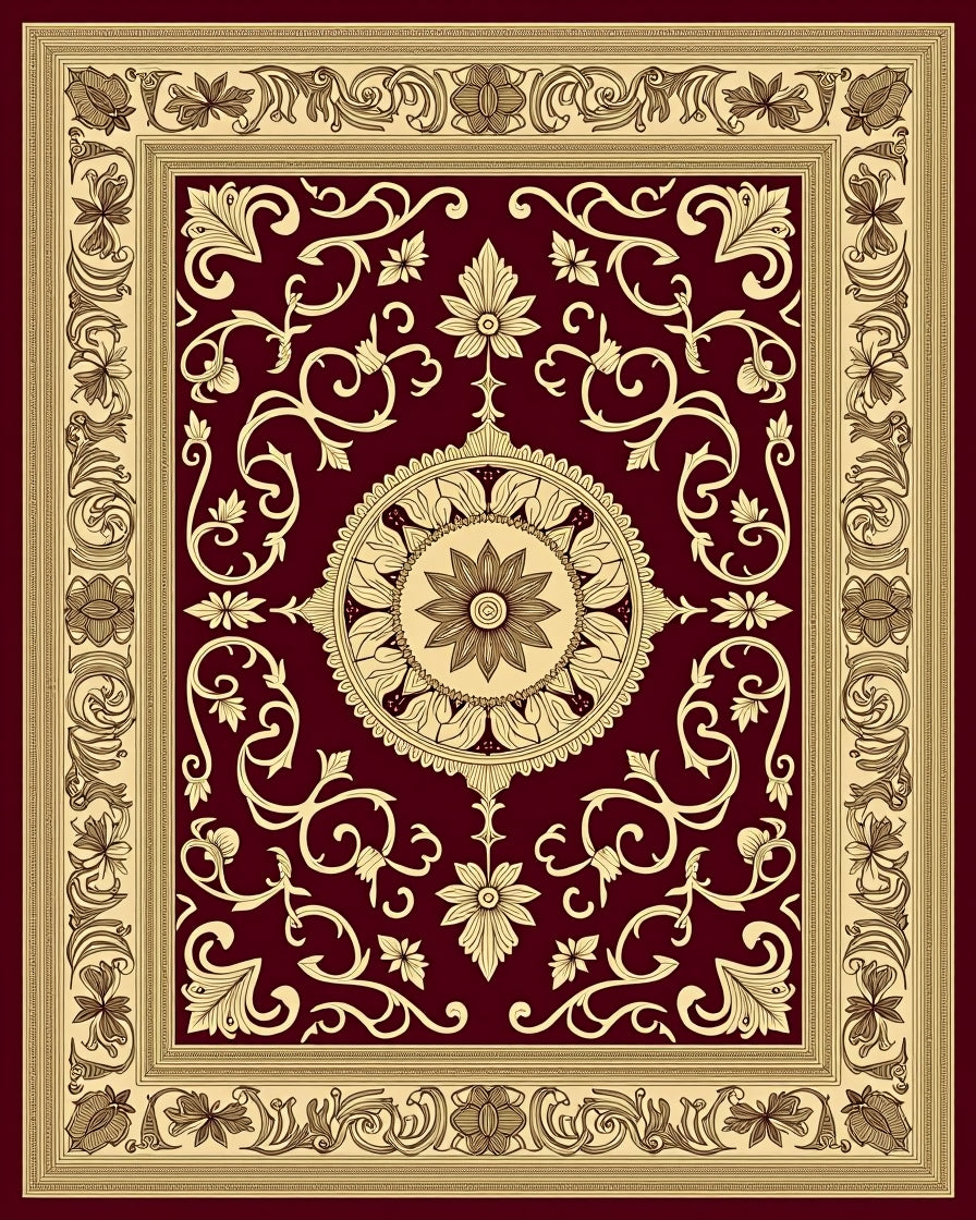 Burgundy Cream Ornate Vine Medallion Rug