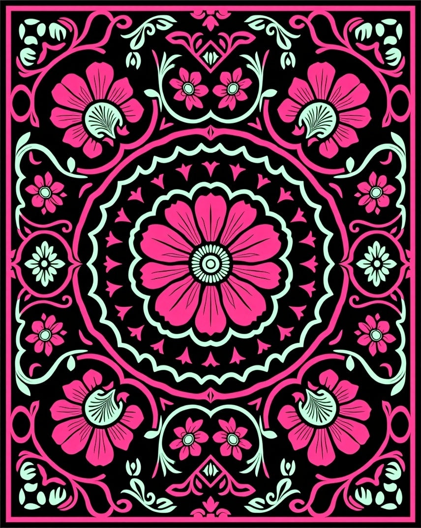 Vibrant Pink Floral Mandala Black Rug
