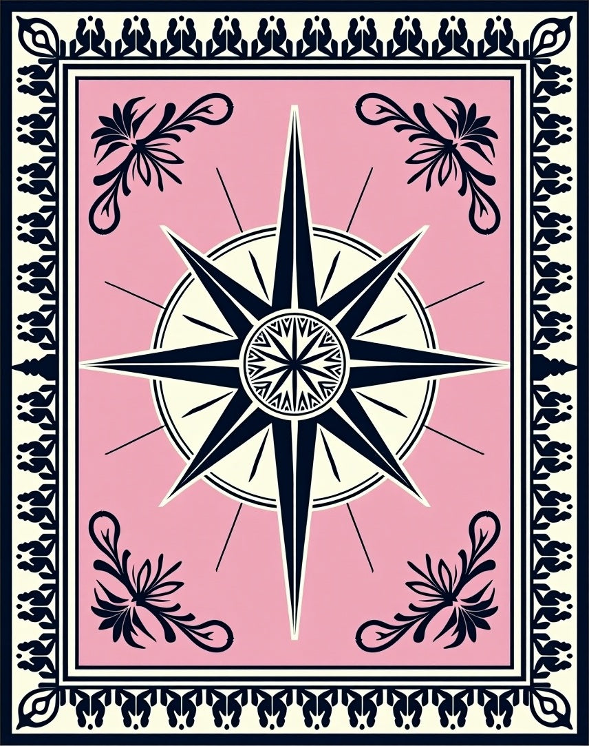 Pink Compass Star Floral Border Rug