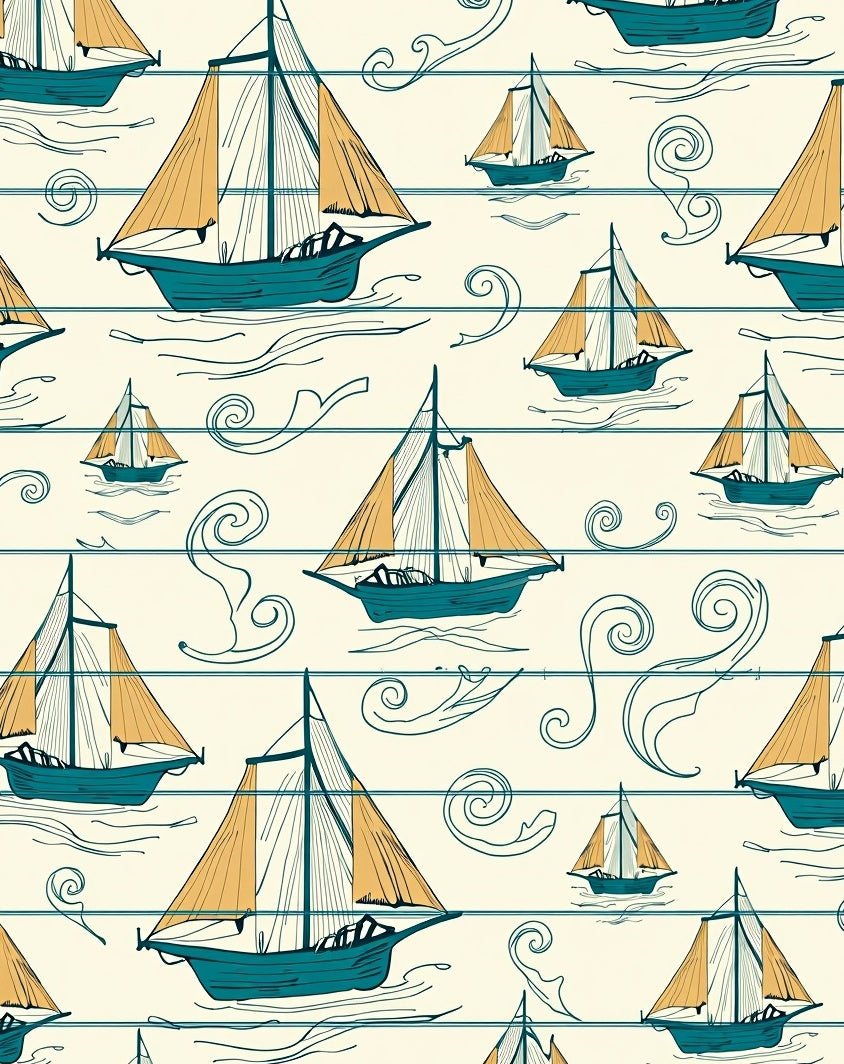Teal Sailboat Nautical Swirl Cream Rug