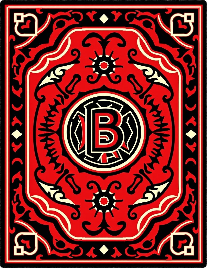 Bold Red Black Circular Emblem Rug