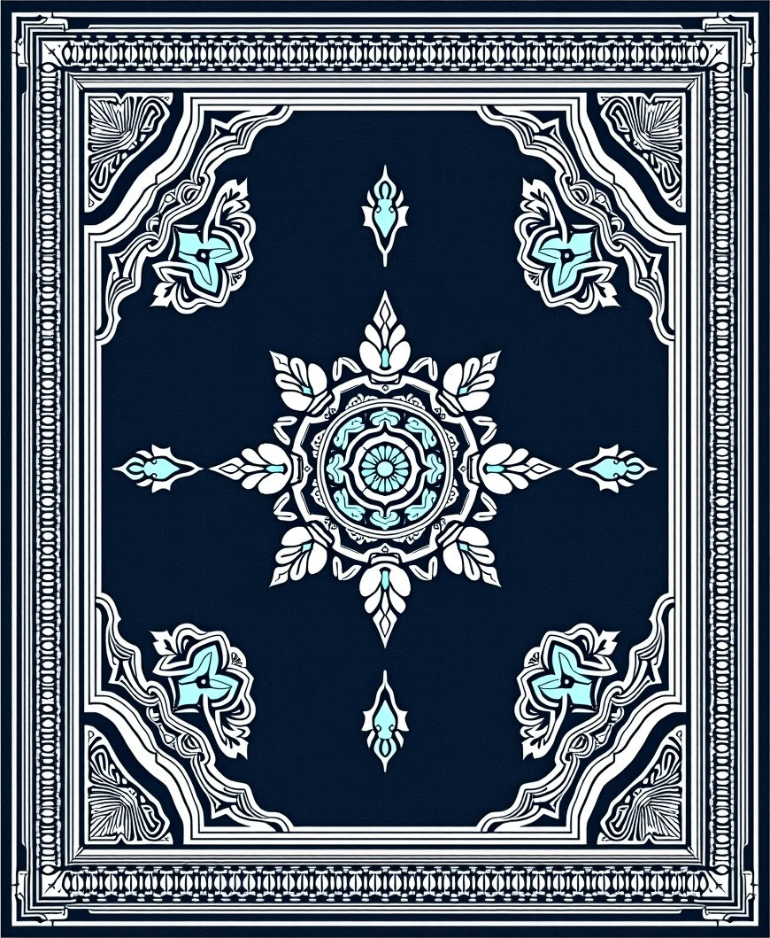 Navy Blue White Cyan Floral Medallion Rug