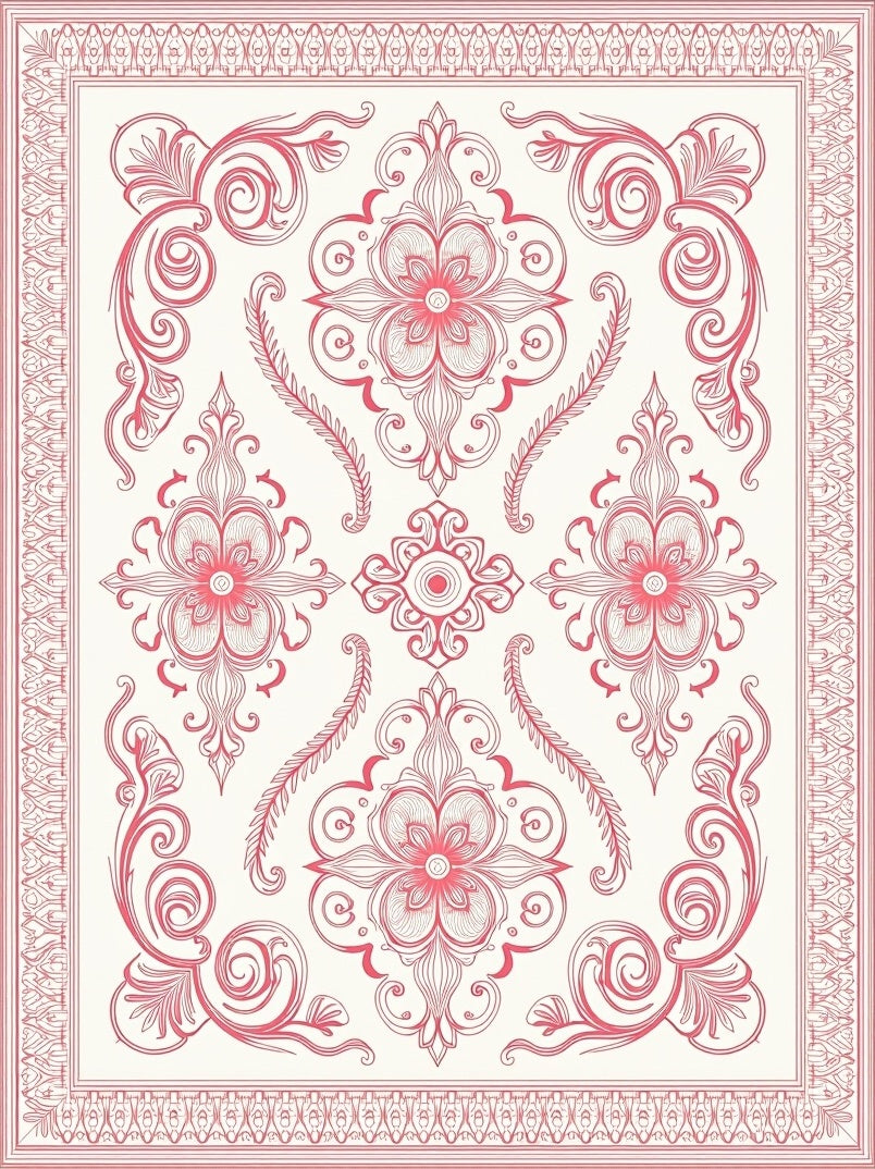 Coral Floral Scrollwork Frame Rug