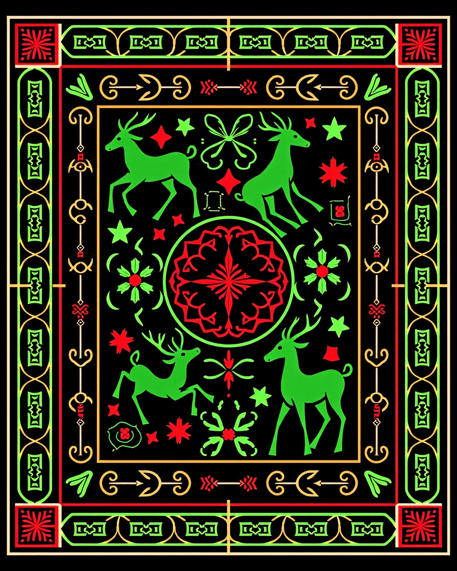 Vibrant Green Deer Garden Medallion Rug