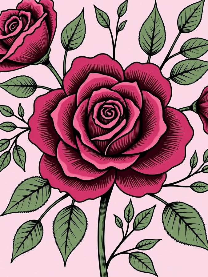 Deep Pink Roses with Green Leaves Rug