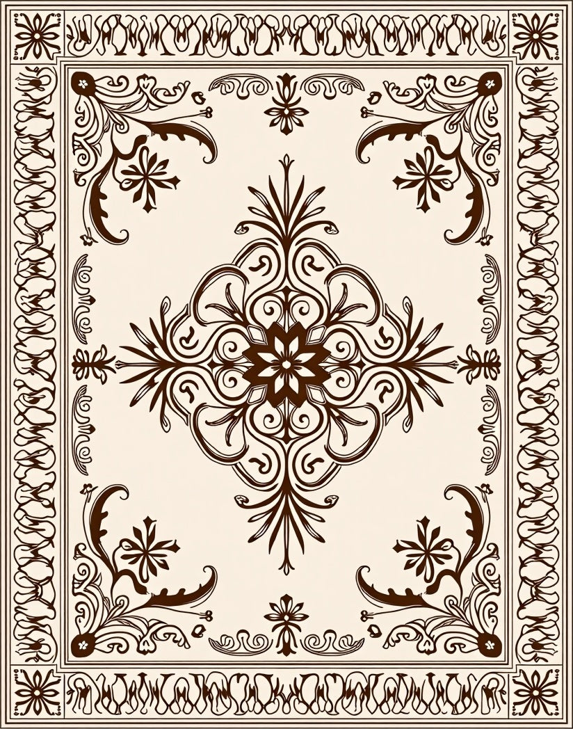 Rich Brown Ornate Medallion Scrolling Vine Rug
