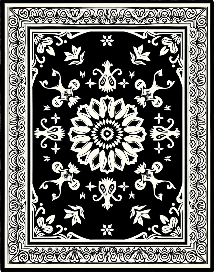 Black White Floral Medallion Garden Rug