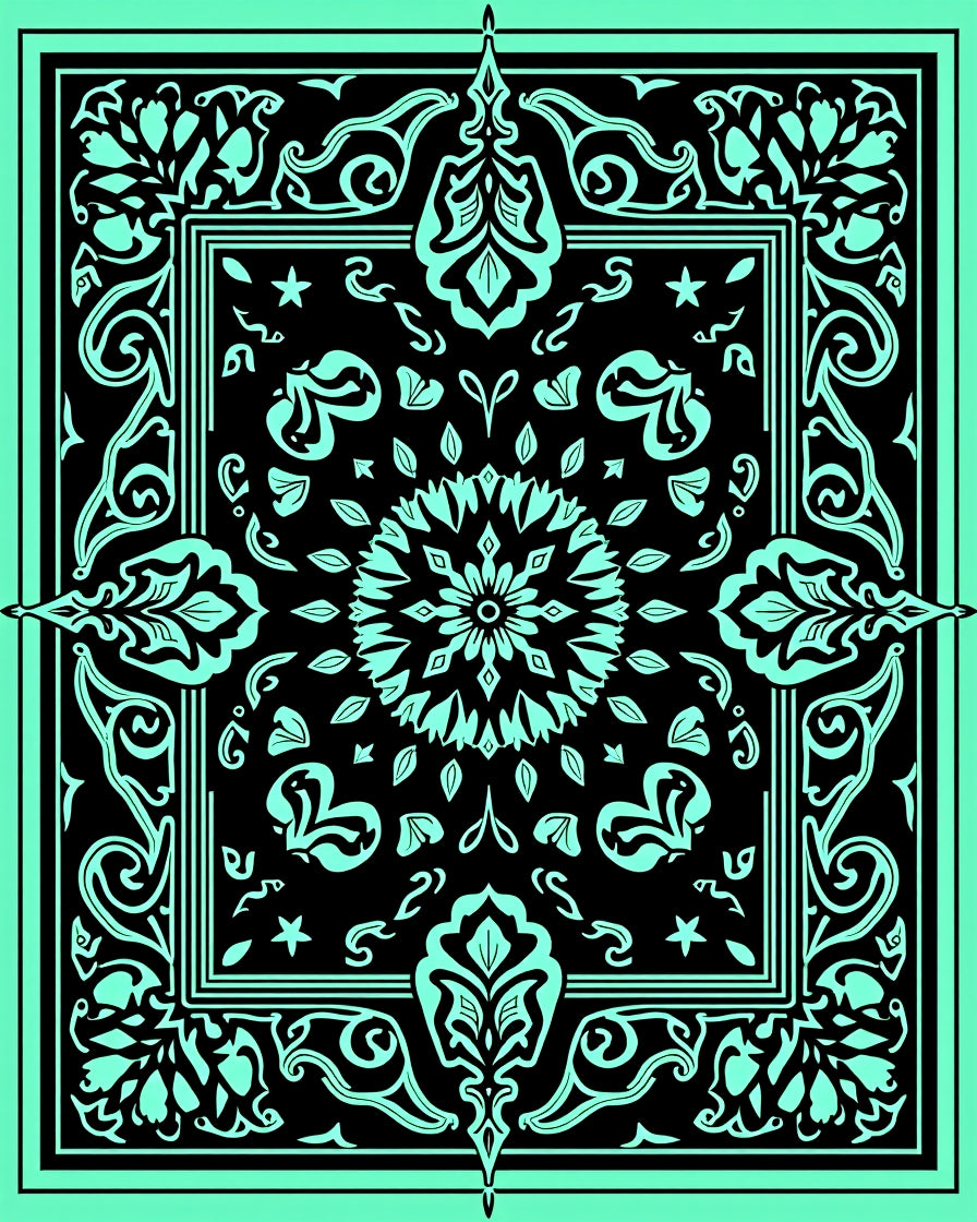Aqua Black Ornate Floral Medallion Rug