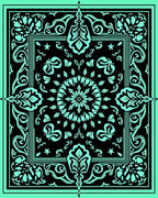 Aqua Black Ornate Floral Medallion Rug