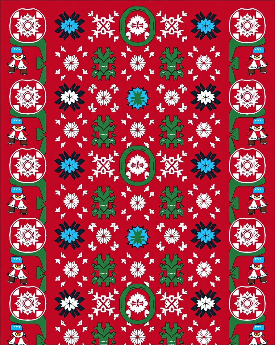 Festive Red Green Figures Medallion Rug