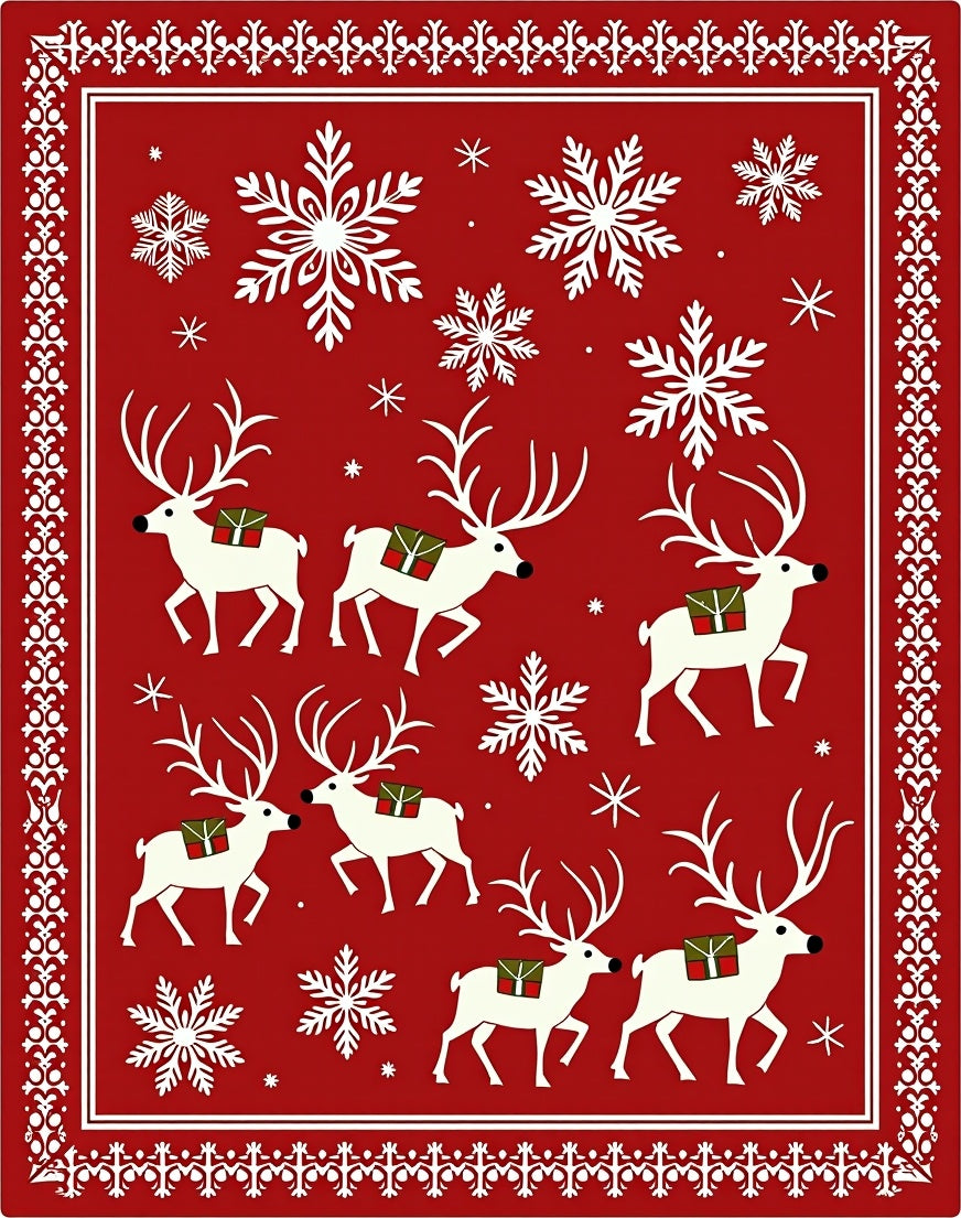 Red White Reindeer Snowflake Medallion Rug