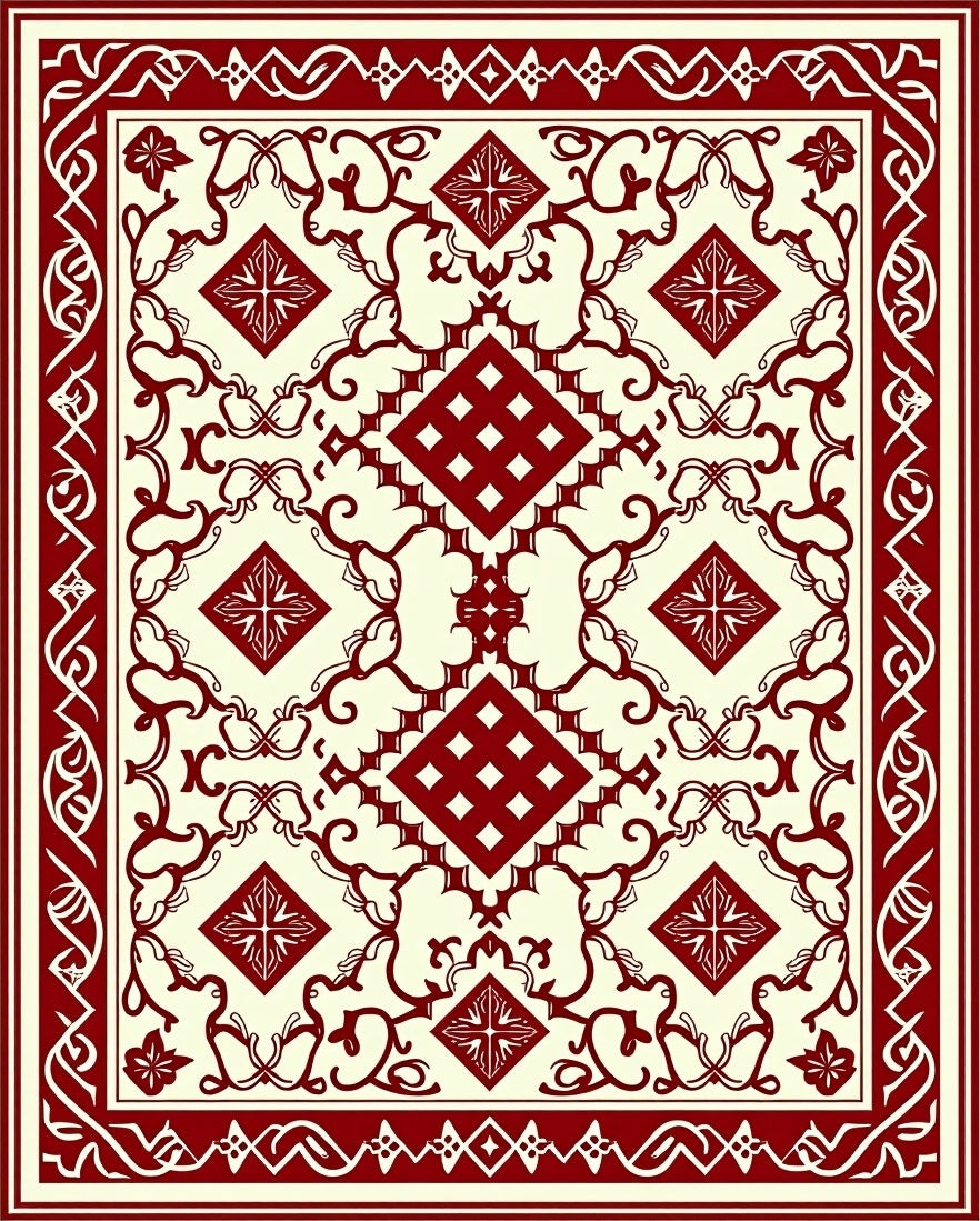 Crimson Ivory Intricate Geometric Medallion Rug