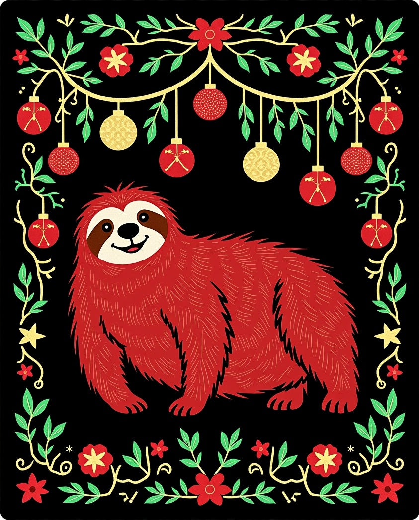 Whimsical Red Sloth Christmas Ornaments Rug