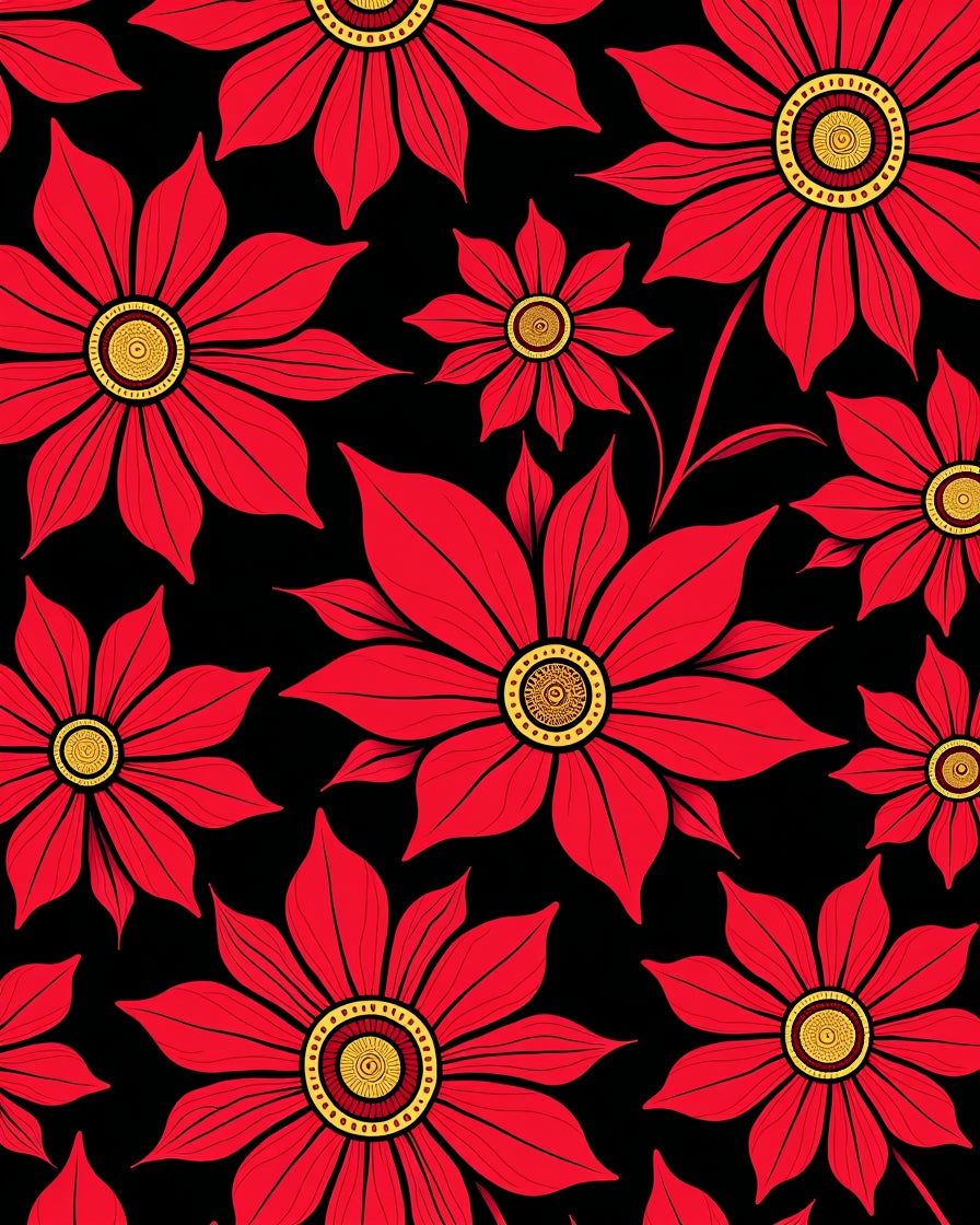 Vibrant Red Floral Black Background Rug