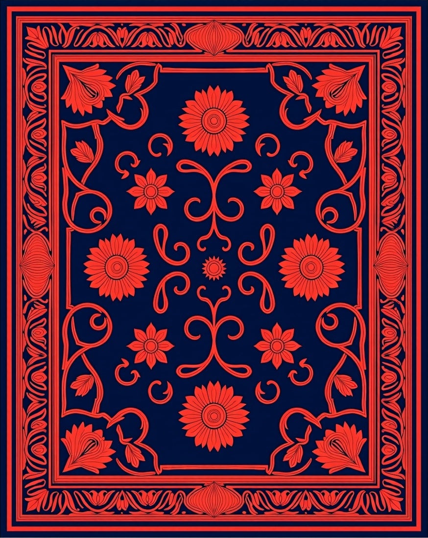 Coral Floral Scroll Navy Romance Rug