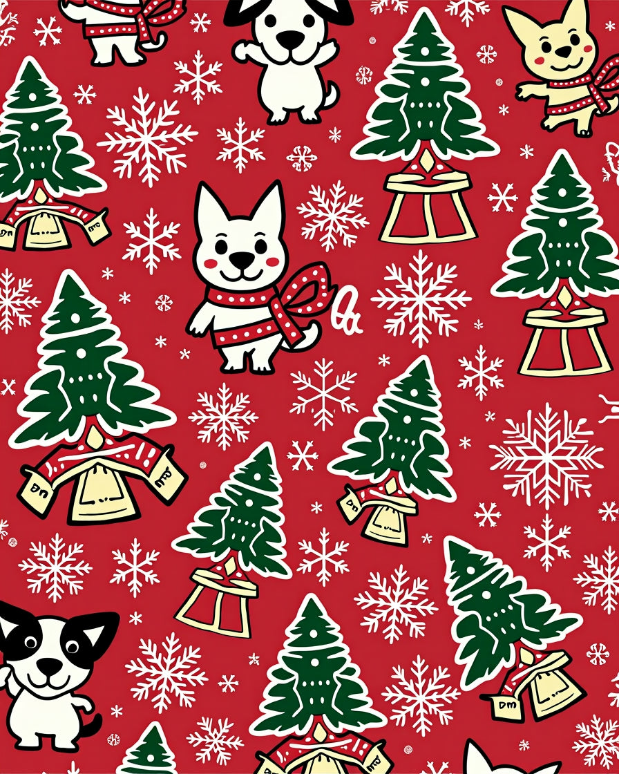 Festive Red Christmas Dogs Snowflakes Trees Rug