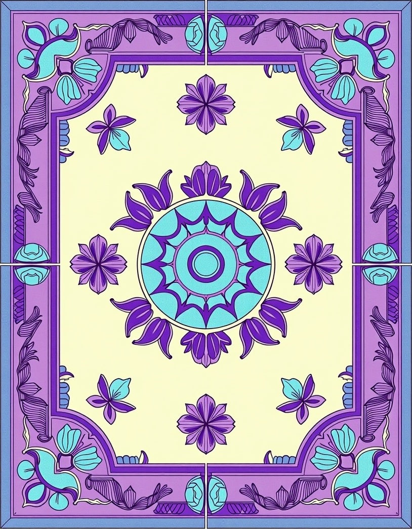 Purple Teal Floral Medallion Border Rug