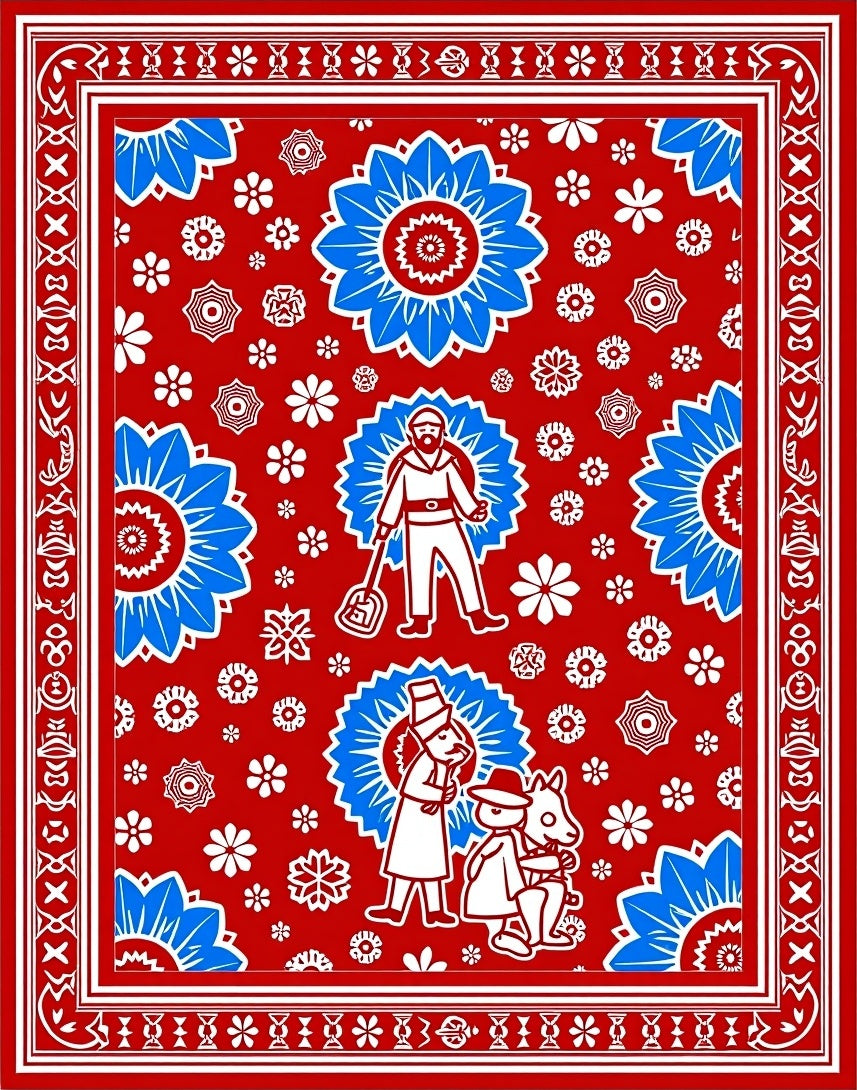 Crimson Red Blue Floral Whimsical Figures Rug
