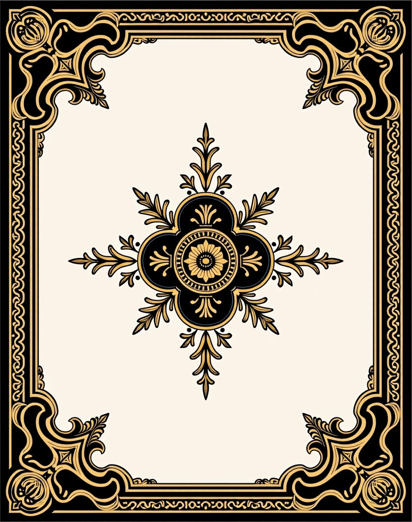 Ornate Gold Black Floral Medallion Rug