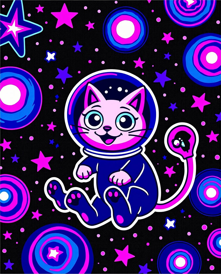 Cosmic Cat Astronaut Pink Blue Stars Rug