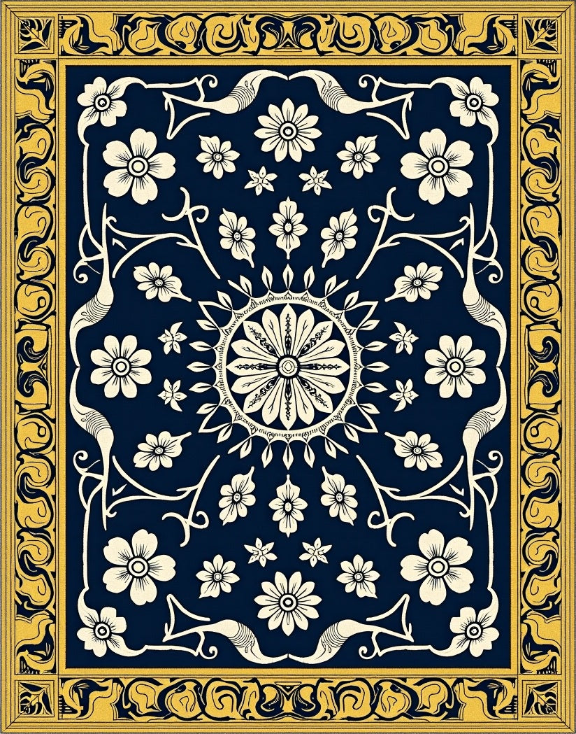 Navy Floral Medallion Border Rug