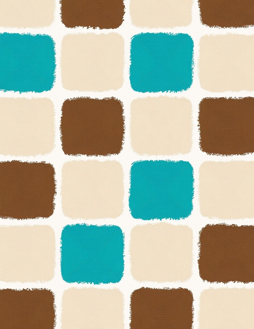 Brown Teal Cream Checkerboard Squares Rug