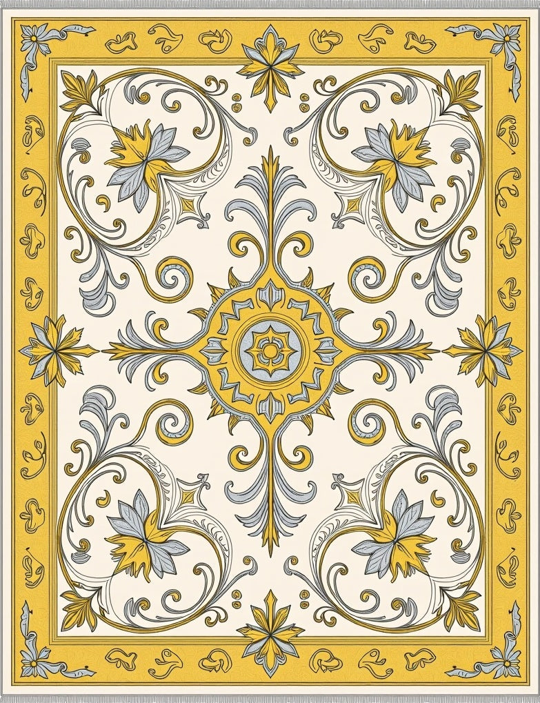 Golden Yellow Floral Scrollwork Rug