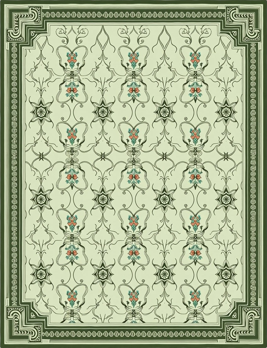 Pale Green Floral Medallion Border Rug
