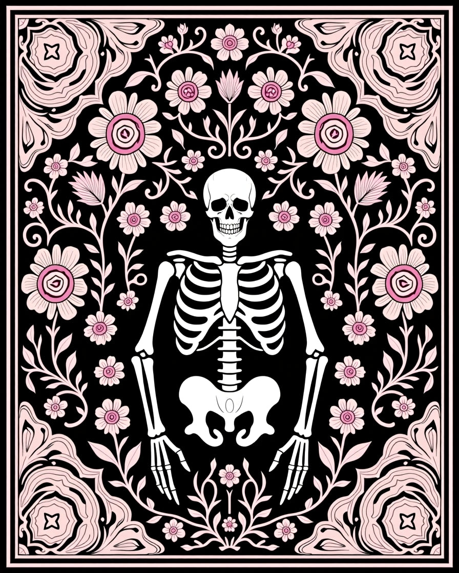 Whimsical Pink Floral Skeleton Garden Rug