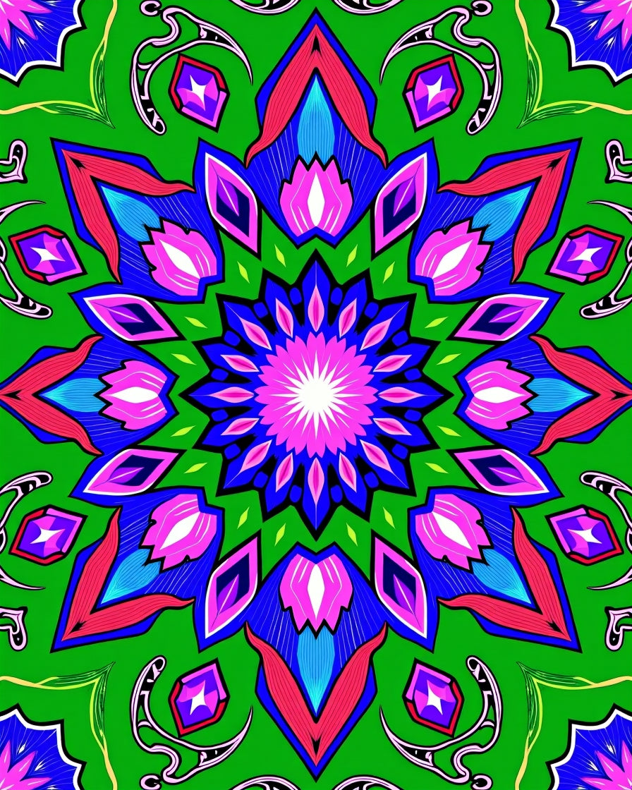 Vibrant Green Floral Jewel Mandala Rug