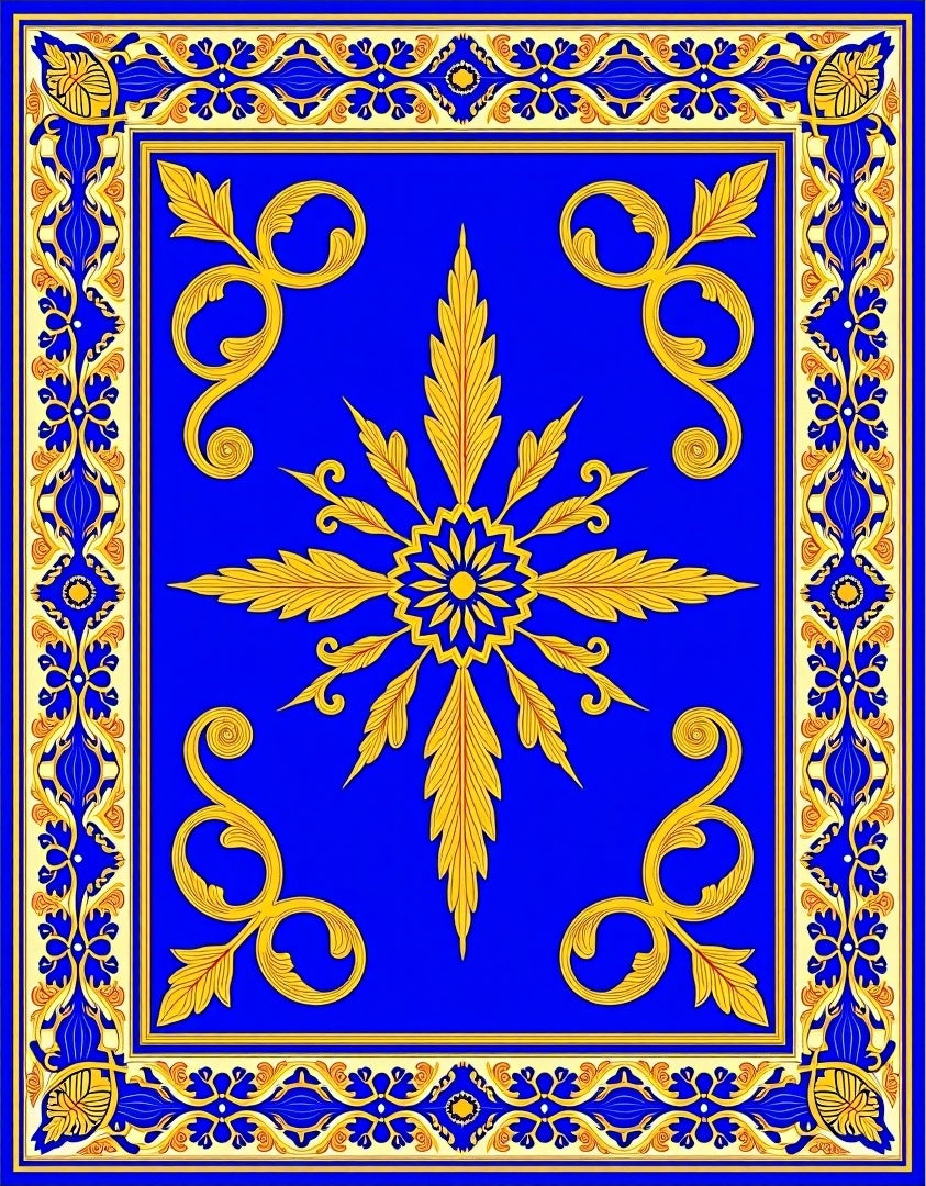 Royal Blue Golden Sunburst Scrollwork Rug