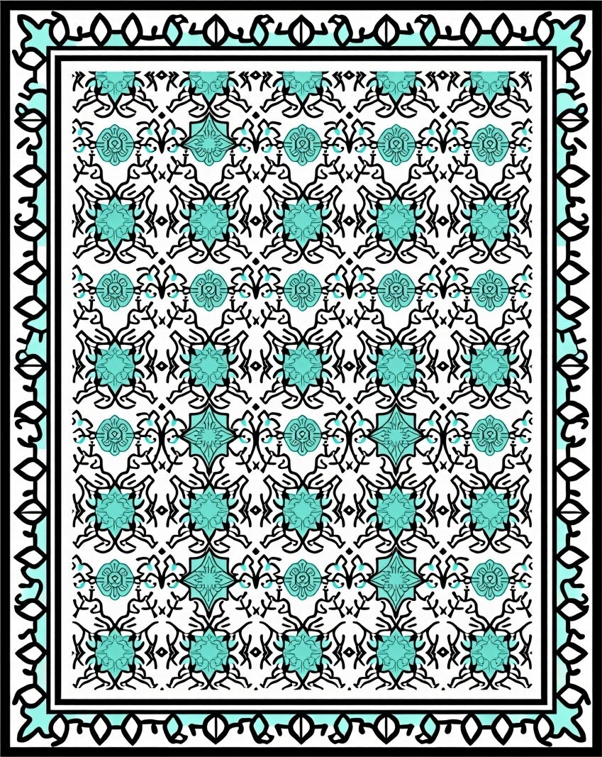 Aqua and Black Ornate Damask Rug