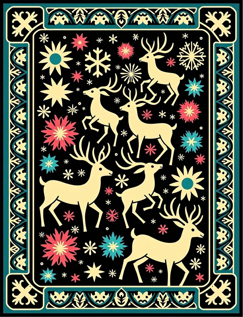 Cream Deer Floral Snowflake Border Rug