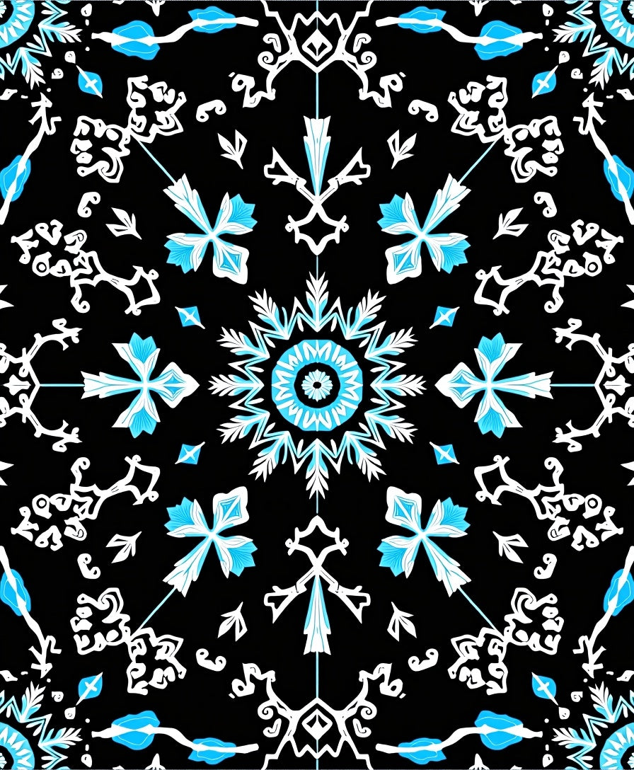 Black Teal White Floral Medallion Mandala Rug