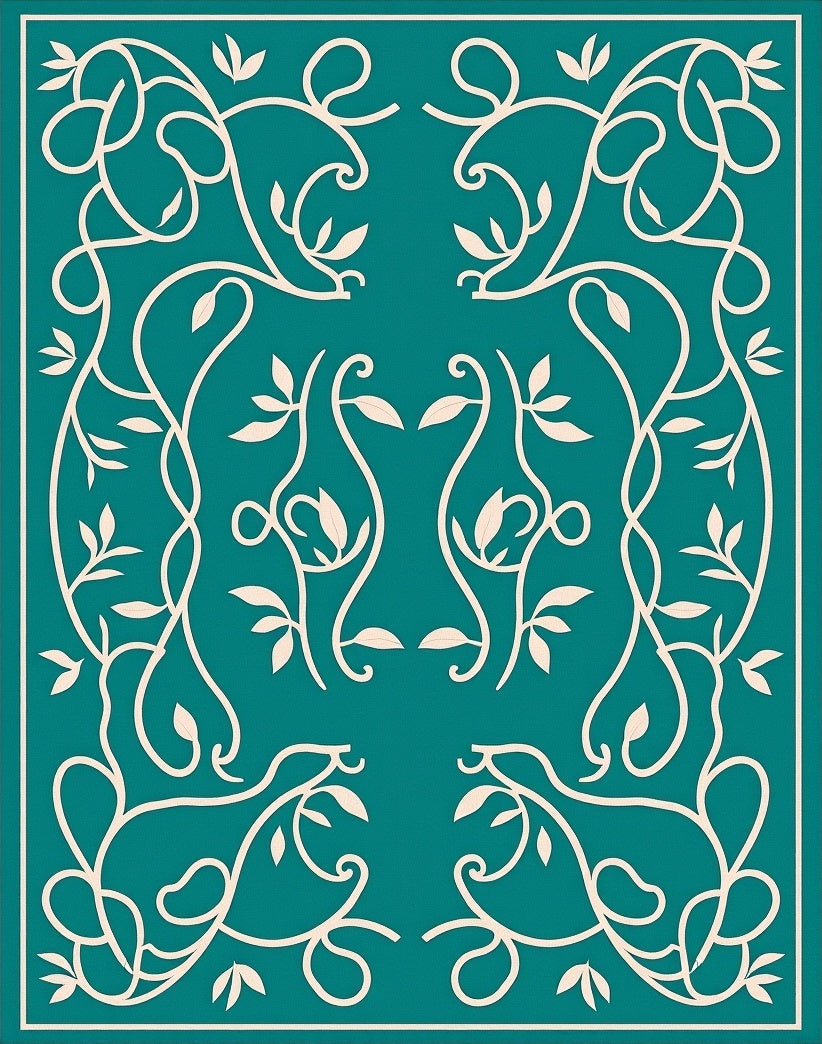 Teal Vine Leaf Scrollwork Medallion Rug