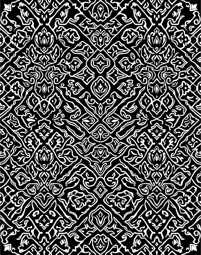 Black White Intricate Floral Scroll Rug