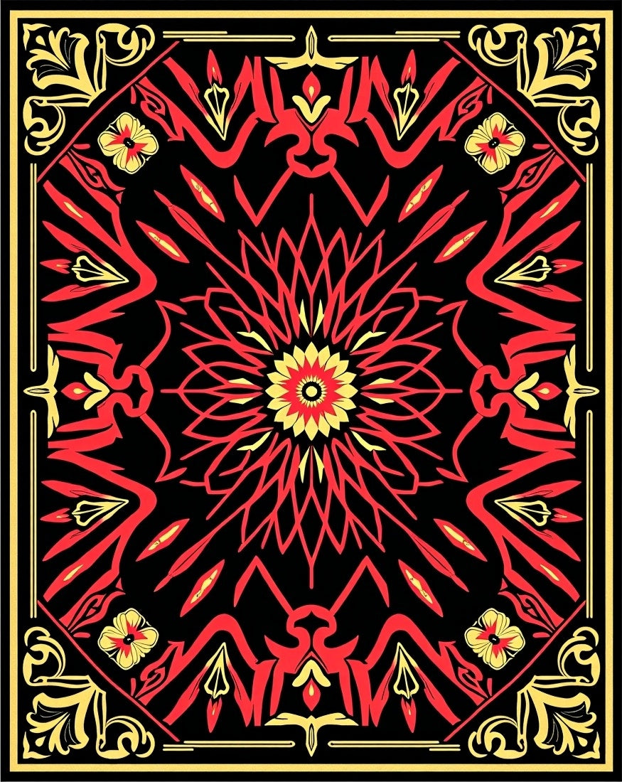 Vibrant Red Sunburst Floral Tapestry Rug