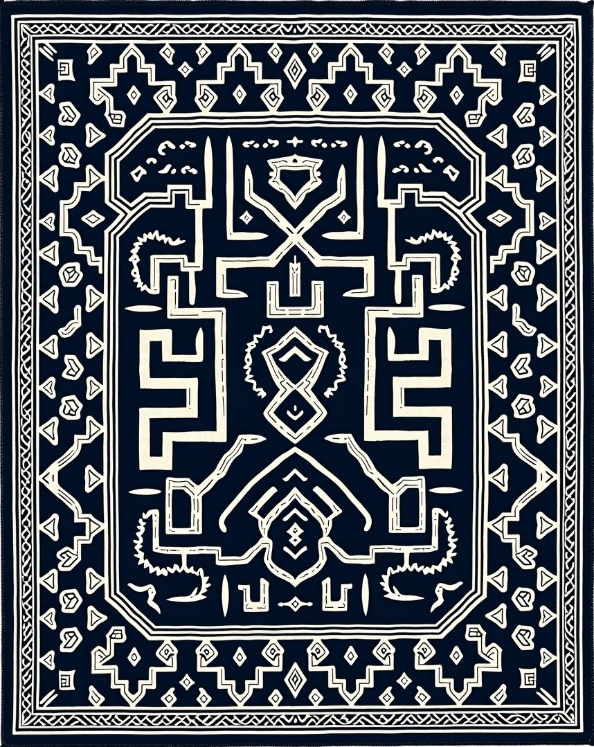 Dark Navy White Geometric Labyrinth Rug