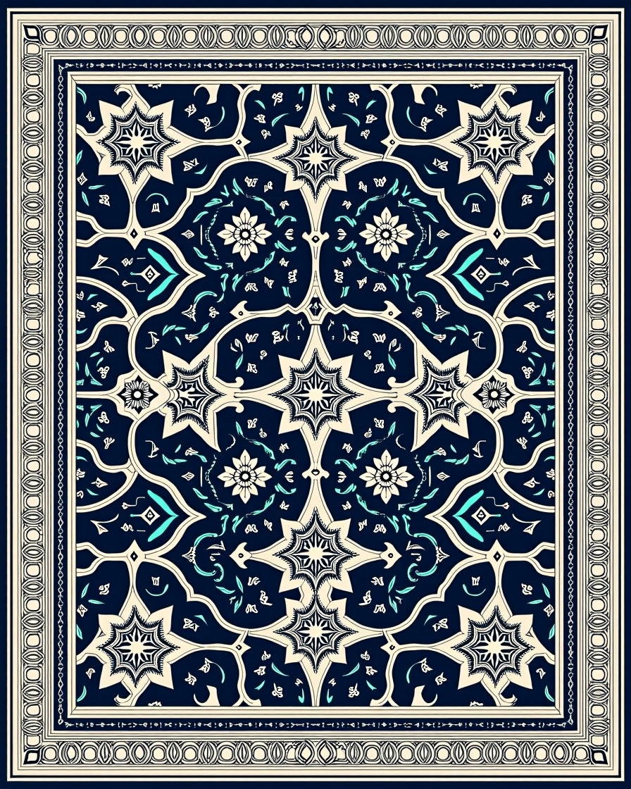 Cream and Teal Starburst Floral Medallion Rug