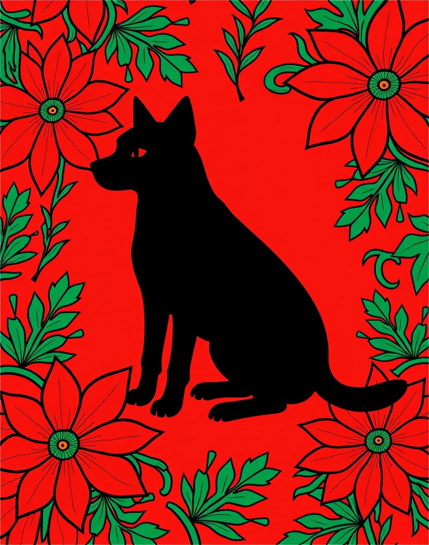 Black Cat Red Floral Garden Rug