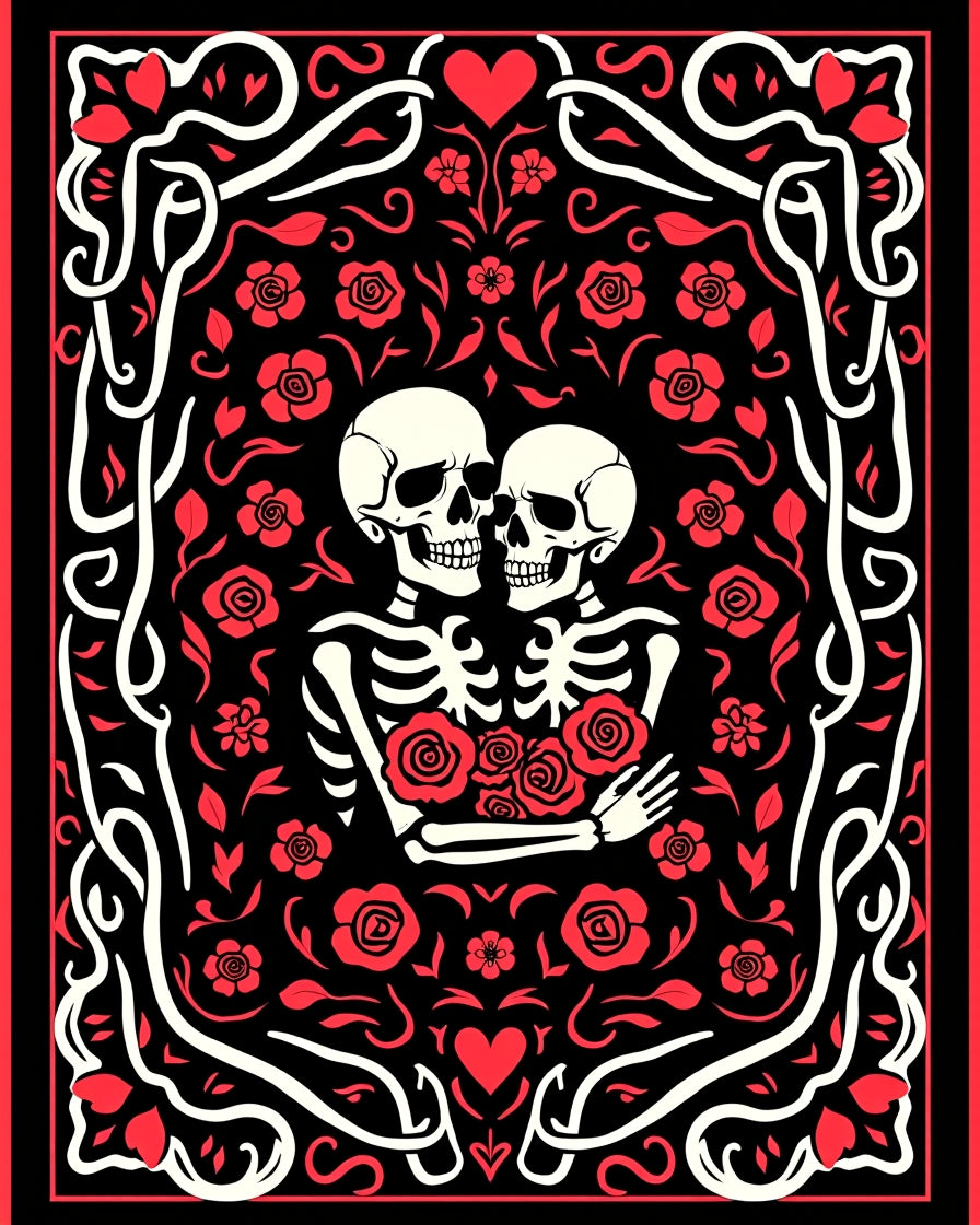 Crimson Skeleton Lovers Rose Frame Rug