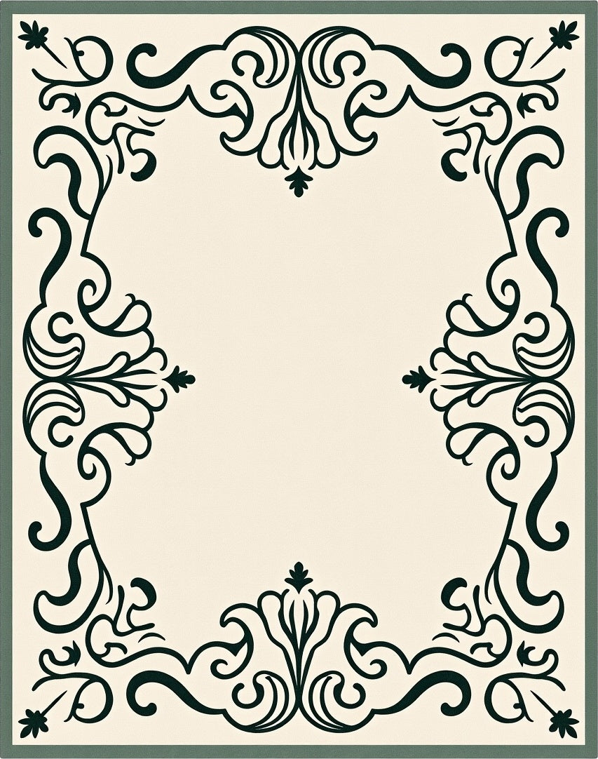 Cream Dark Green Scrollwork Frame Rug
