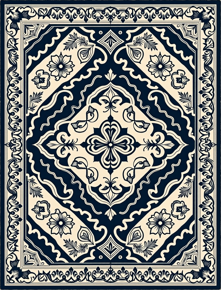 Ornate Navy Floral Layout Rug