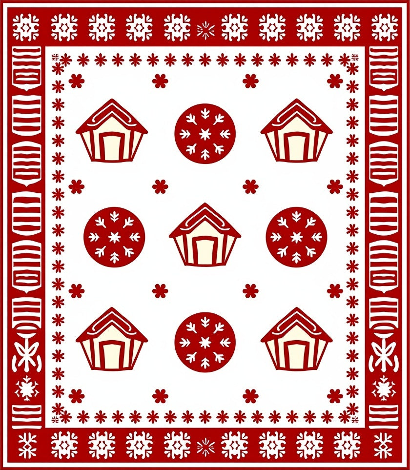 Red Gingerbread House Snowflake Border Rug