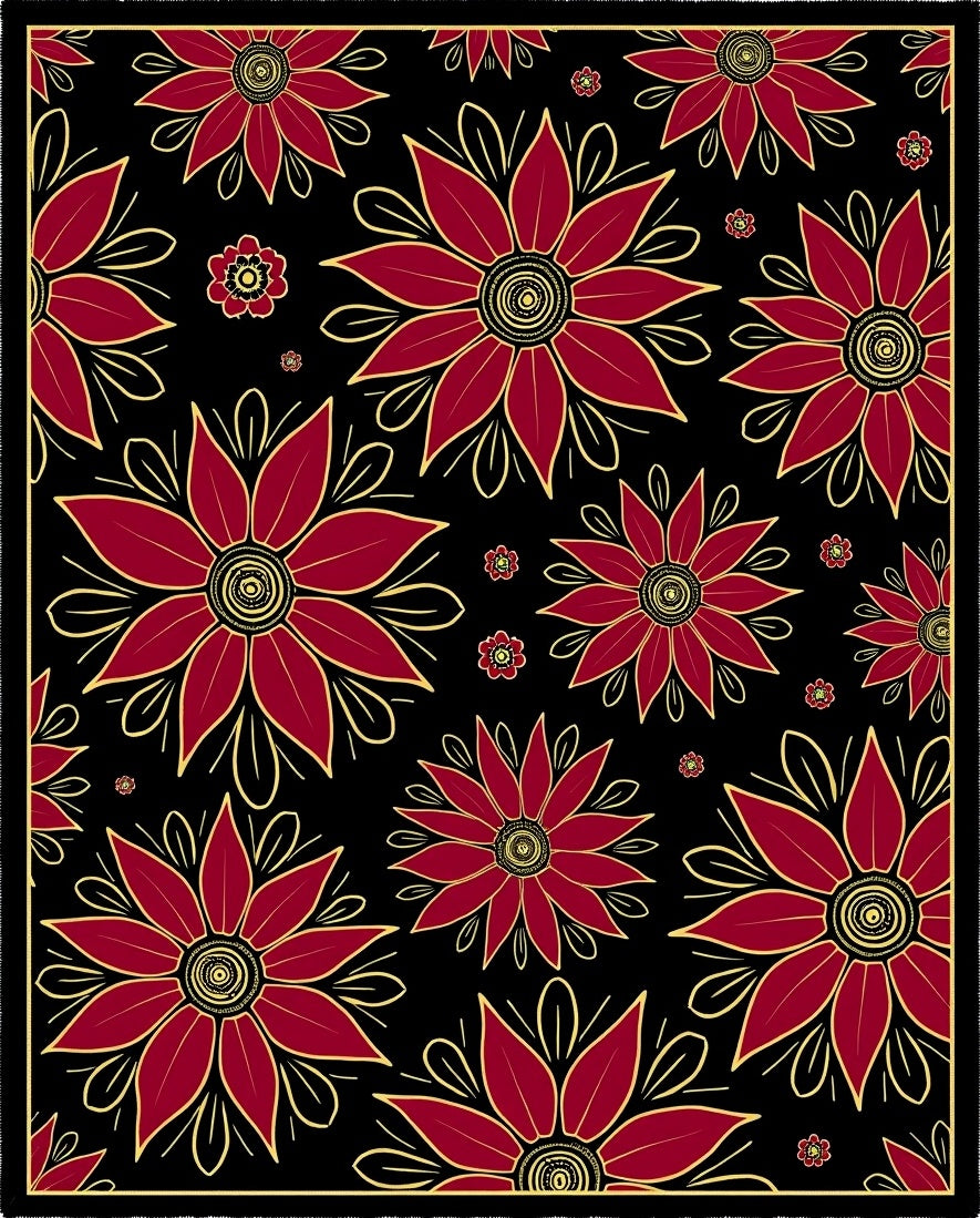 Crimson Black Floral Outline Rug