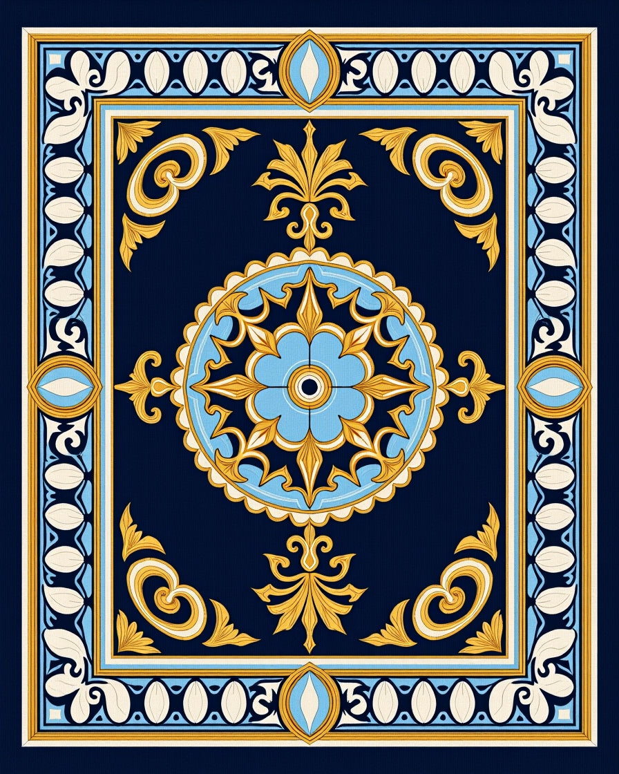 Navy Blue Floral Medallion Frame Rug